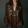 Cotton Linen Boho Patchwork Tunica Top For Women V-Neck Loose Flowy Summer Casual Shirt With Floral Print And Geometric