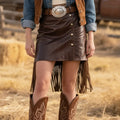 Women's Vintage Western Style Leather Skirt With Fringe And Metal Buckles