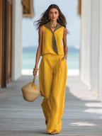 Sunlit Coast Mustard Linen Sailor Collar Two-Piece Vacation Set
