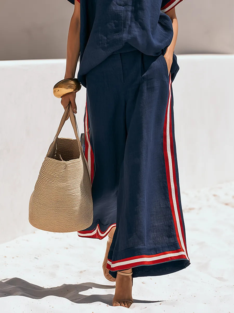 Old Money Style Contrast Trim Cotton-Linen Short-Sleeve Top And Wide-Leg Pants Set