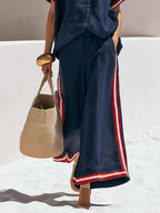 Old Money Style Contrast Trim Cotton-Linen Short-Sleeve Top And Wide-Leg Pants Set