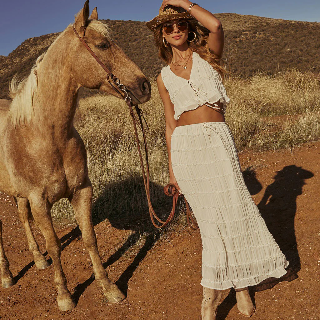Western Spring Outfits Chiffon Pleated Maxi Skirt With Tassel Trim Boho Style Flowy Long Skirt