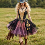 Retro Musical Note Print Linen Lace Patchwork Multi-layered V-neck Off-shoulder Slip Dress