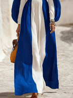 Resort-style Square-neck Long-sleeved Blue And White Striped Maxi Dress