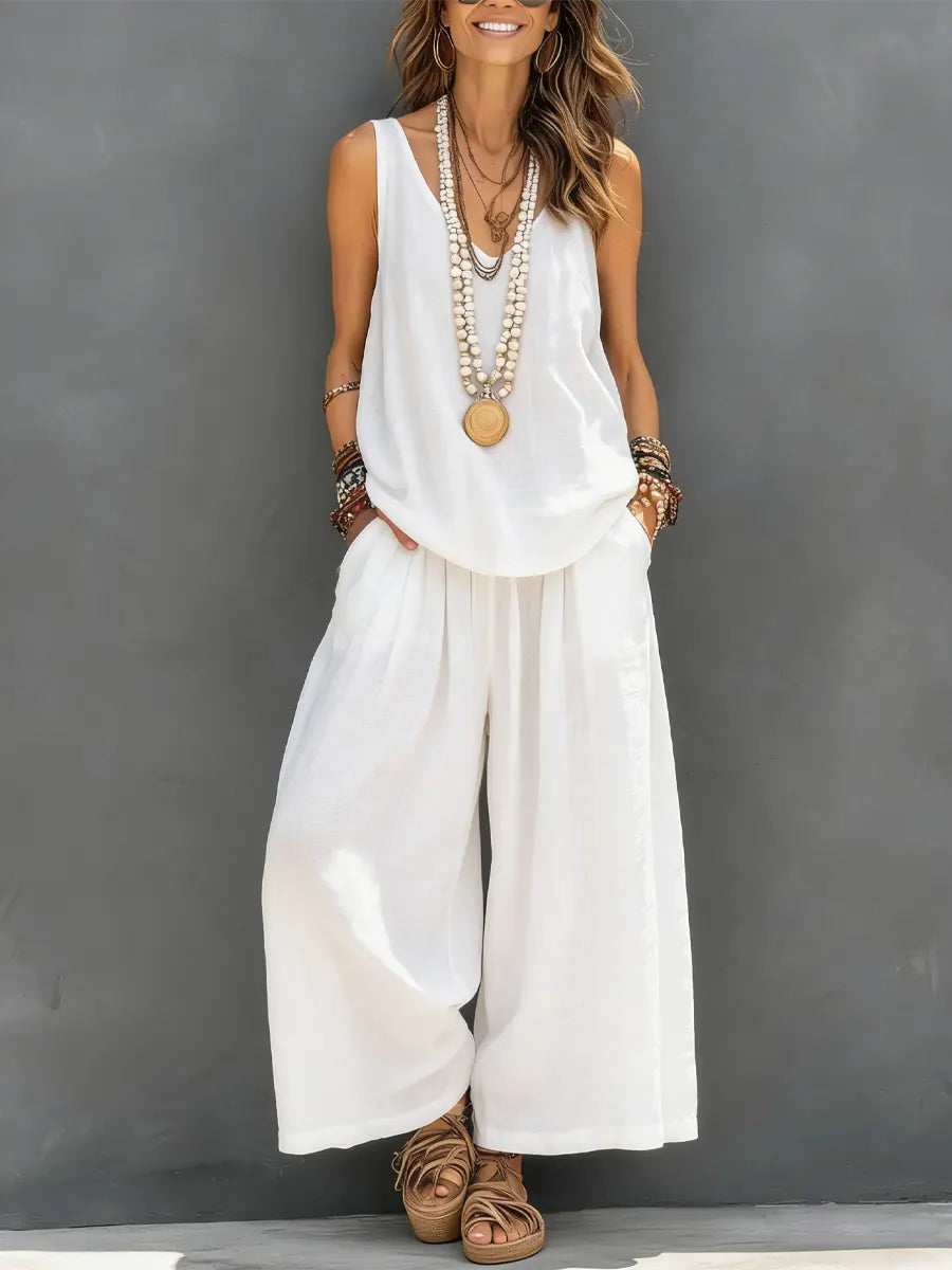 Women's Solid Color Casual Sleeveless Vest And Wide-leg Pants Cotton Linen Set