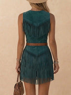 Desert Music Festival Vibe — Teal V-Neck Tiered Fringe Premium Suede Western Dress (2026 Spring Summer)—Mini Dress