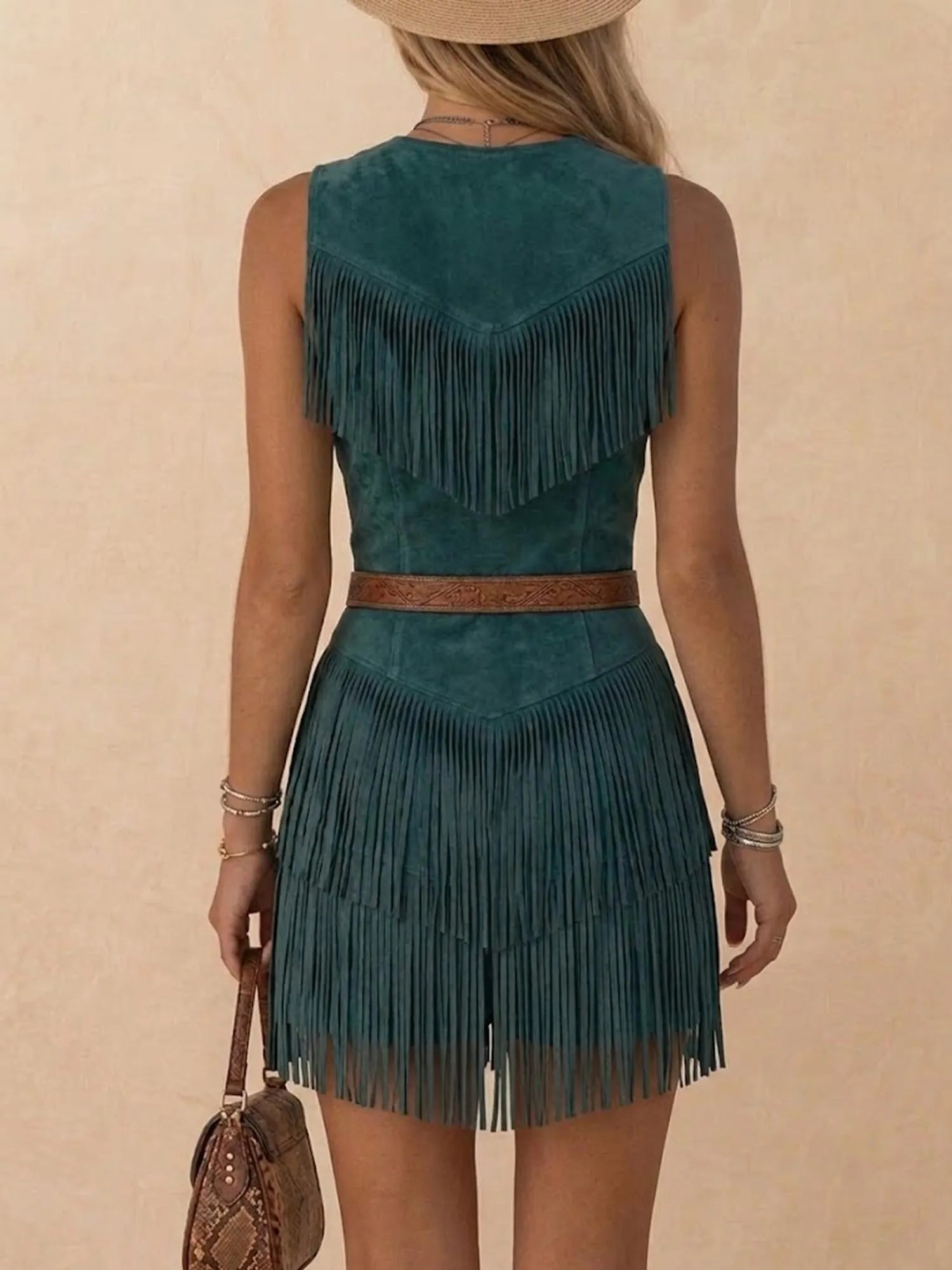 Desert Music Festival Vibe — Teal V-Neck Tiered Fringe Premium Suede Western Dress (2026 Spring Summer)—Mini Dress
