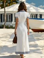 Resort-style Short-sleeve V-neck Striped Patchwork Maxi Dress