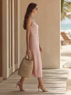 Vacation Style Blush Pink Double-Breasted Linen-Blend Slip Midi Dress