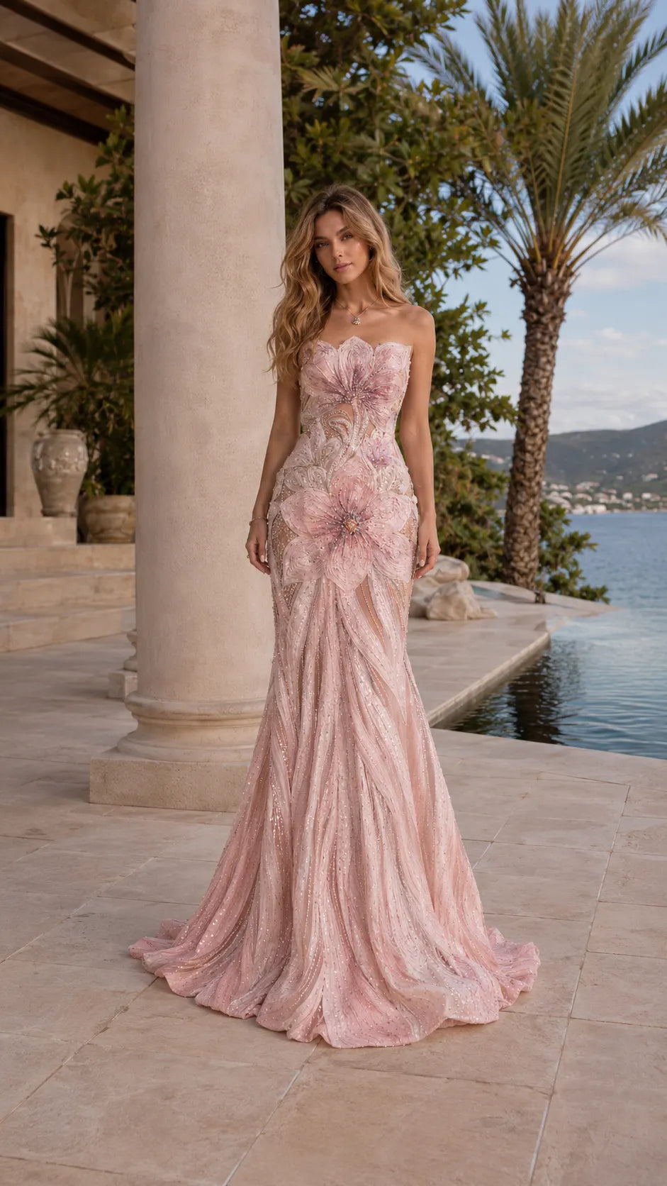Strapless Floral Appliqué Mermaid Evening Gown