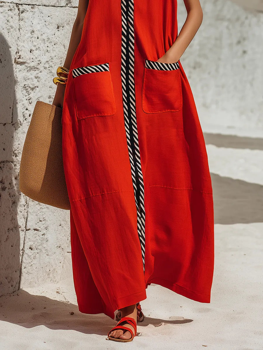 Vacation V-Neck Black And White Color Block Sleeveless Red Cotton-Linen Maxi Dress