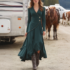 Country Outfits Women's Retro Western Suede Side Button Design Irregular Cut V-Neck Long Sleeve Dress