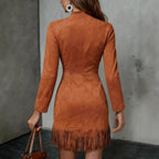 Suede Fringe Mini Dress With Zipper Front And Long Sleeves