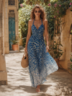Chic Vacation Ombré Leopard Print Blue Chiffon Maxi Dress