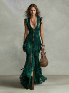 Lace Maxi Dress With Deep V-Neck And Ruffled Hem For Women