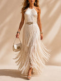 Perfect for Fall Western-Themed Weddings — Cream Fringe Halter Slim Vacation Maxi Dress(No Belt)