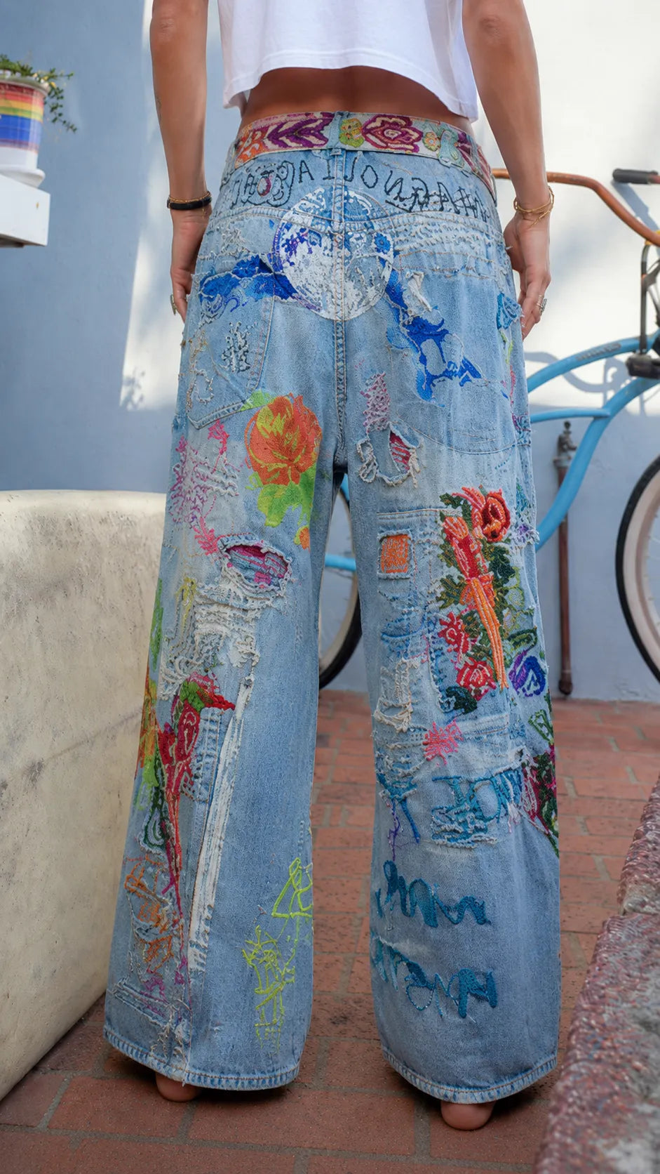 Bohemian Patchwork Floral Embroidered Wide Leg Jeans - Vintage Baggy Denim Pants