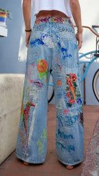 Bohemian Patchwork Floral Embroidered Wide Leg Jeans - Vintage Baggy Denim Pants