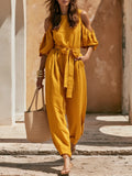 Old Money Off-Shoulder Short-Sleeve Yellow Cotton-Linen Jumpsuit