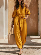 Old Money Off-Shoulder Short-Sleeve Yellow Cotton-Linen Jumpsuit