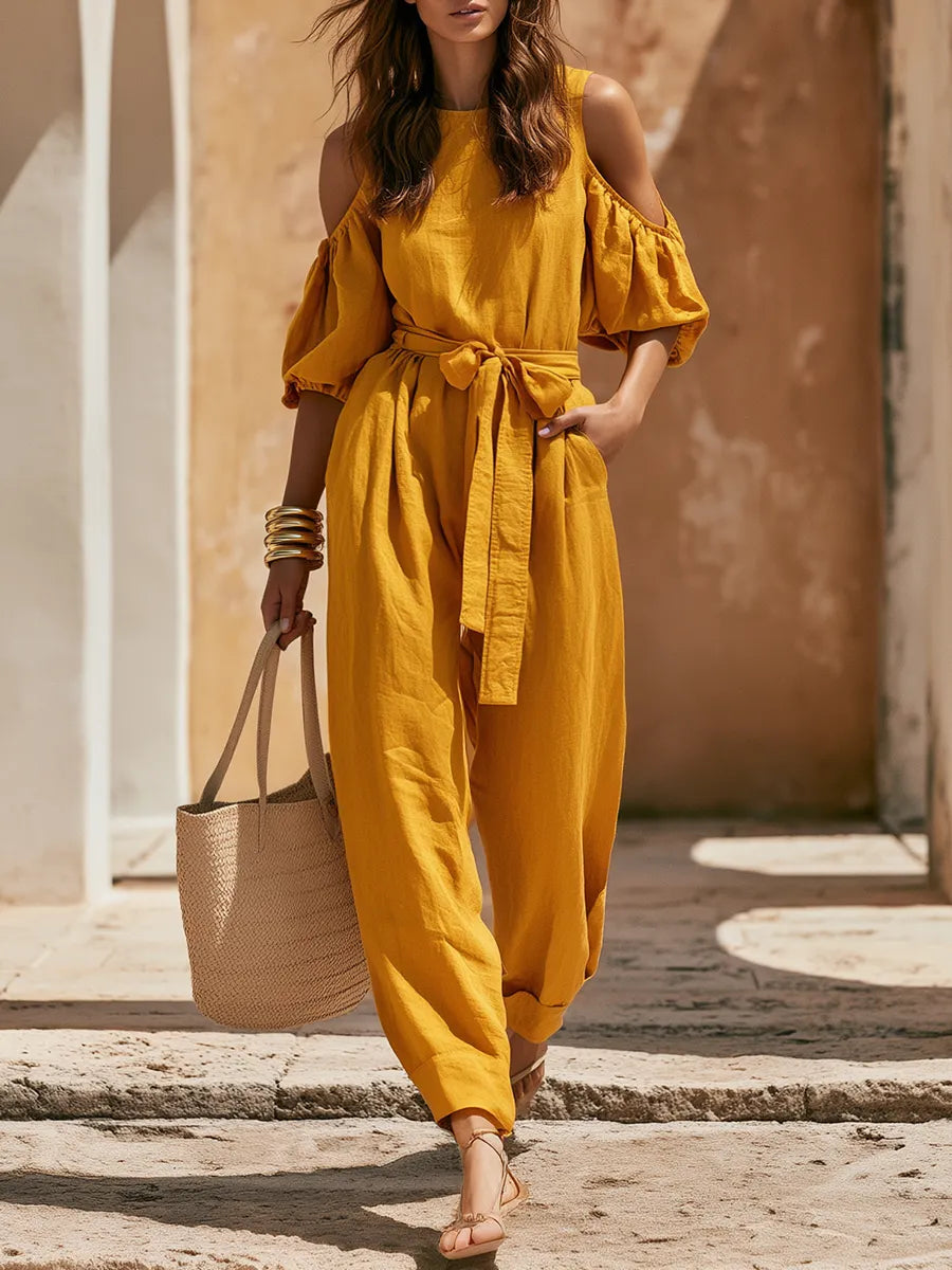 Old Money Off-Shoulder Short-Sleeve Yellow Cotton-Linen Jumpsuit