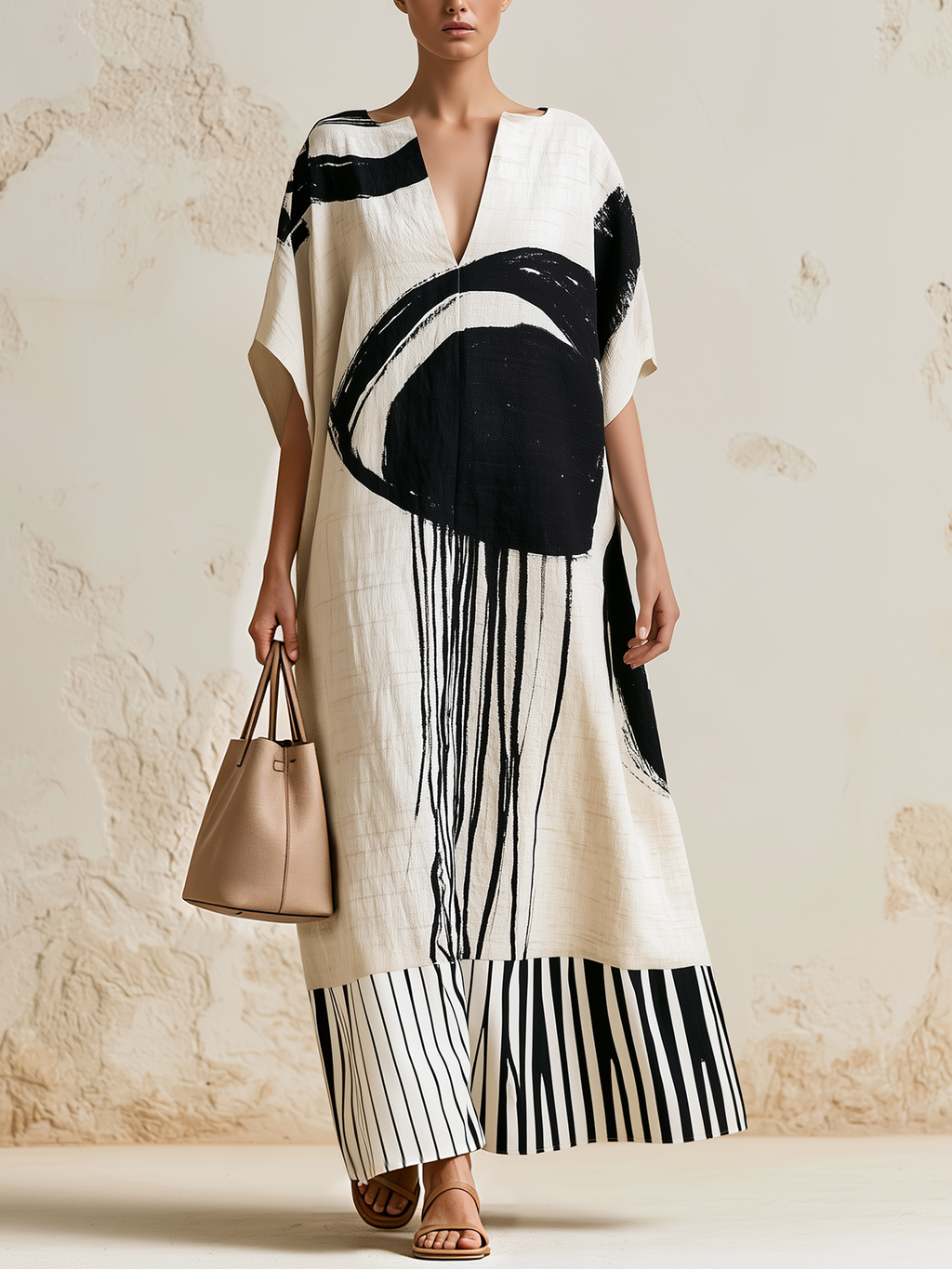 Abstract Brushstroke Print Linen Kaftan Maxi Dress