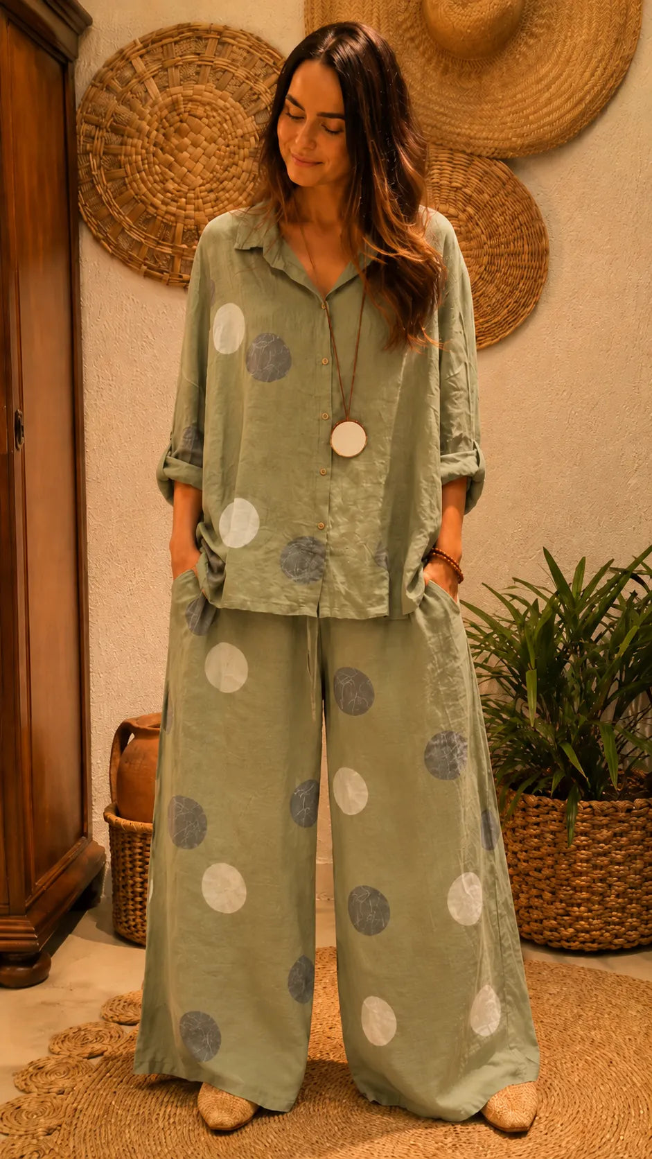 Washed Polka Dot Linen Blend Set - Oversized Button-Up Shirt & High-Waisted Wide Leg Pants Co-ord