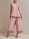 Blush Pink Linen-Blend Co-ord Set With Button Vest & Striped Hem Culottes