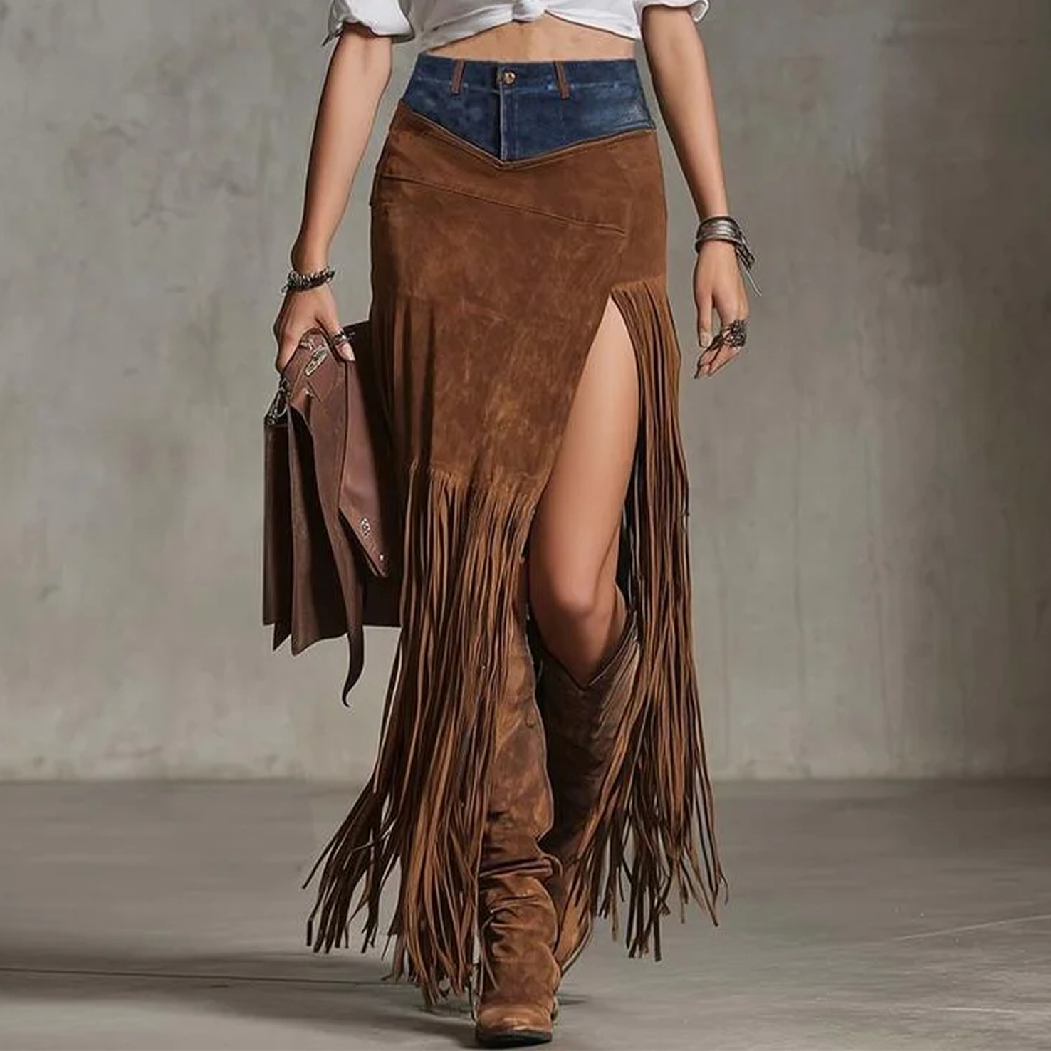 Western Cowgirl Outfits Women's Vintage Western Fringe Skirt Patchwork Denim Waistband