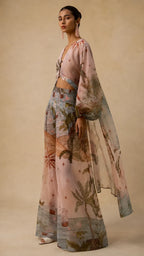 Boho Chic Tropical Print Pants Set - Asymmetric Cape & Wide Leg Pants Co-ord
