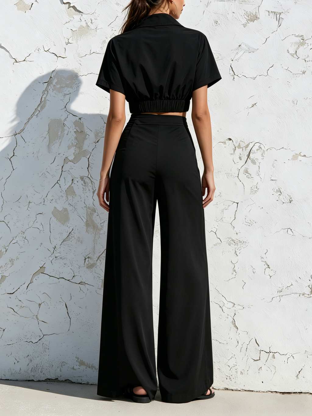 Black Short Sleeve Collared Crop Shirt & Double Side Button High Slit Wide Leg Pants Two Piece Set