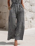 Beach Vacation Black And White Gingham Halter-Neck Cotton-Linen Wide-Leg Jumpsuit