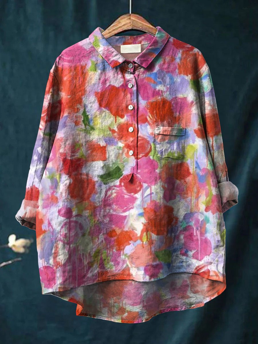 Women's Flower Painting Art Print Casual Cotton And Linen Shirt