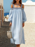 Resort-style Striped Off-shoulder Long-sleeve Midi Dress