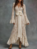Ivory Floral Lace Bow Waist Maxi Dress