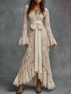 Ivory Floral Lace Bow Waist Maxi Dress