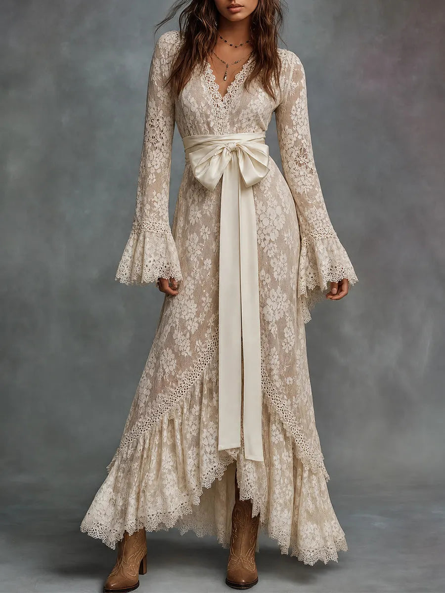 Ivory Floral Lace Bow Waist Maxi Dress