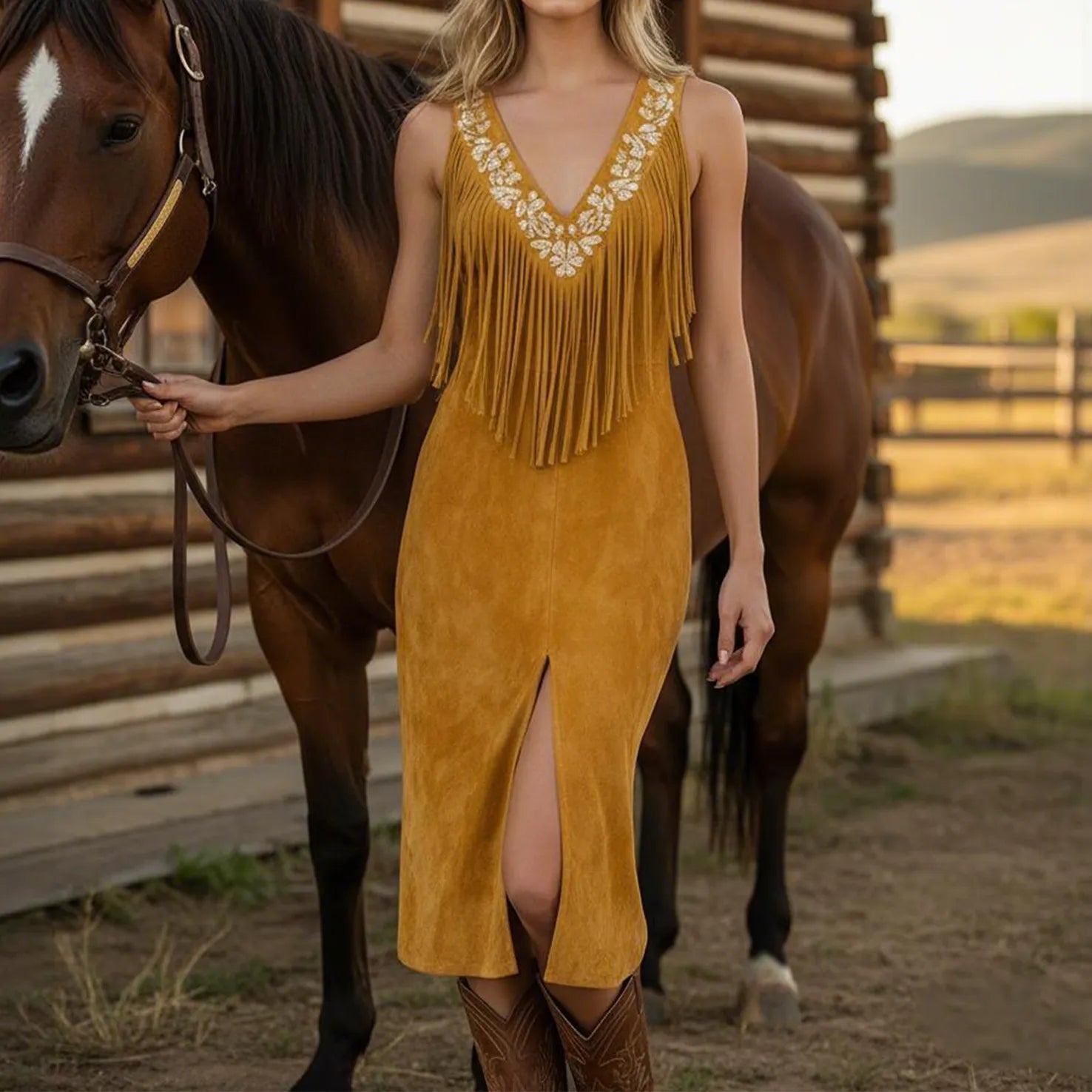 Women's Vintage Western Elegance: Fringed Dress