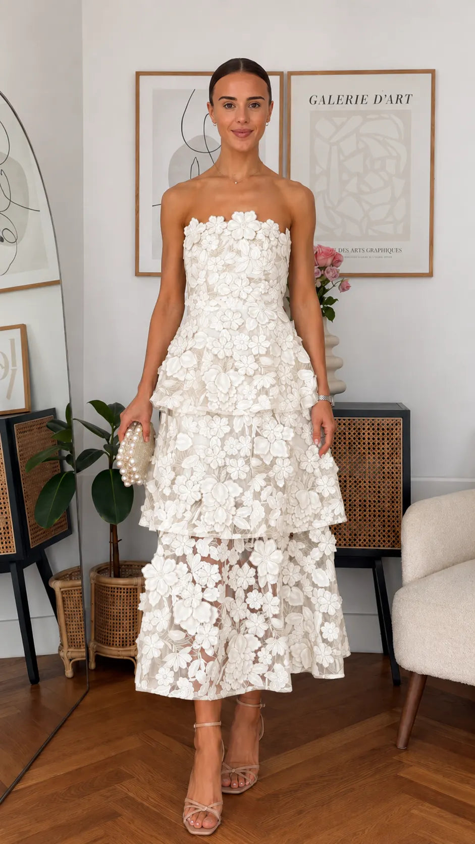 Strapless Tiered Floral Lace Maxi Dress - Sweetheart Neckline Formal Gown