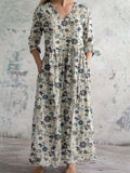 Schlichtes elegantes Damenkleid mit V-Ausschnitt, Blumenmuster, Baumwollstoff und Taschen