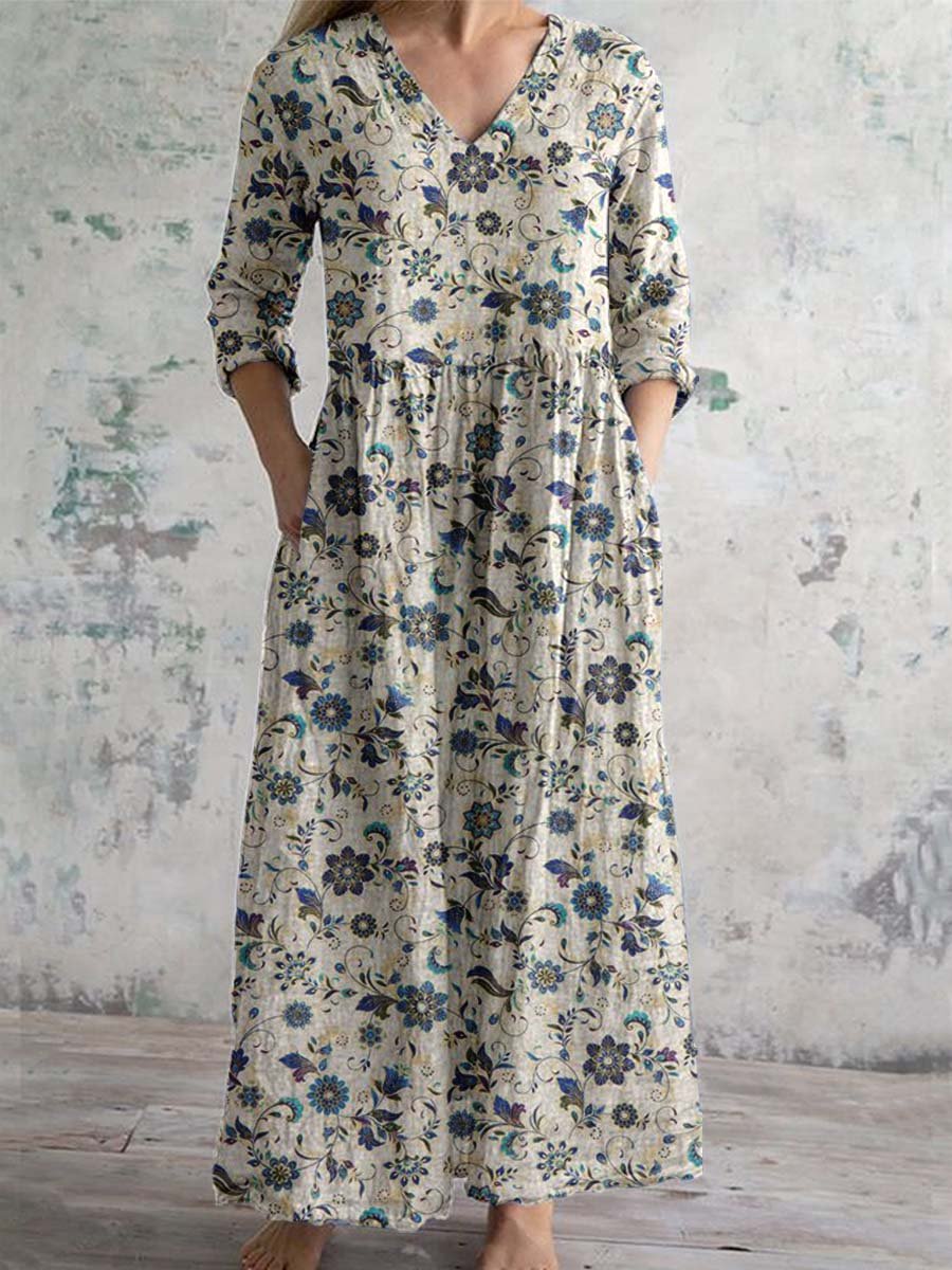 Schlichtes elegantes Damenkleid mit V-Ausschnitt, Blumenmuster, Baumwollstoff und Taschen
