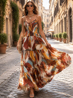 Boho Abstract Multicolor Smocked Bodice Maxi Dress