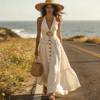 Linen Blend Halter Maxi Dress With Floral Embroidery And Button Front Design