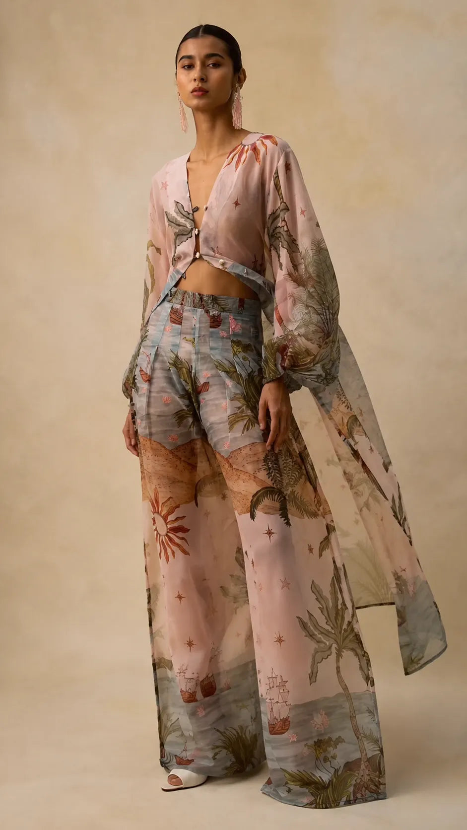 Boho Chic Tropical Print Pants Set - Asymmetric Cape & Wide Leg Pants Co-ord