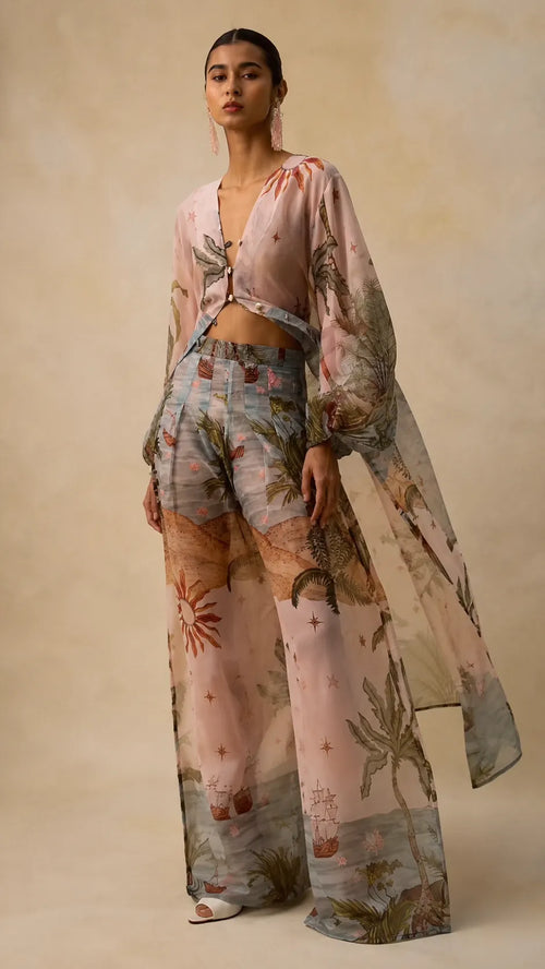 Boho Chic Tropical Print Pants Set - Asymmetric Cape & Wide Leg Pants Co-ord