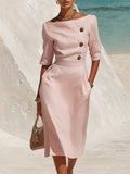 Retro Elegant Boat Neck Three-quarter Sleeve Solid Color Cotton Linen Midi Dress