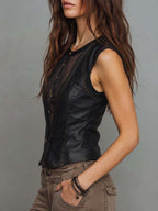 Gothic Faux Leather Vertical Striped Mesh Spliced Button Down Crew Neck Sleeveless Vest