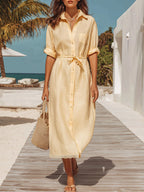 Vacation Style Pale Yellow Belted Linen-Blend Midi Shirt Dress
