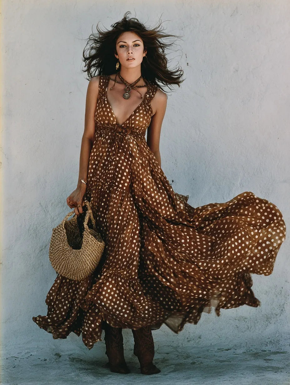 Women's Polka Dot V-Neck Dress With Wide Straps
