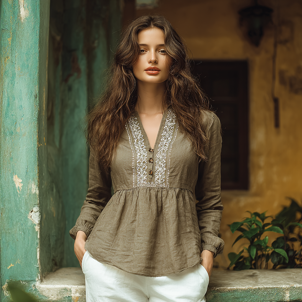 Bohemian Women's Linen Print Casual Long Sleeve Top